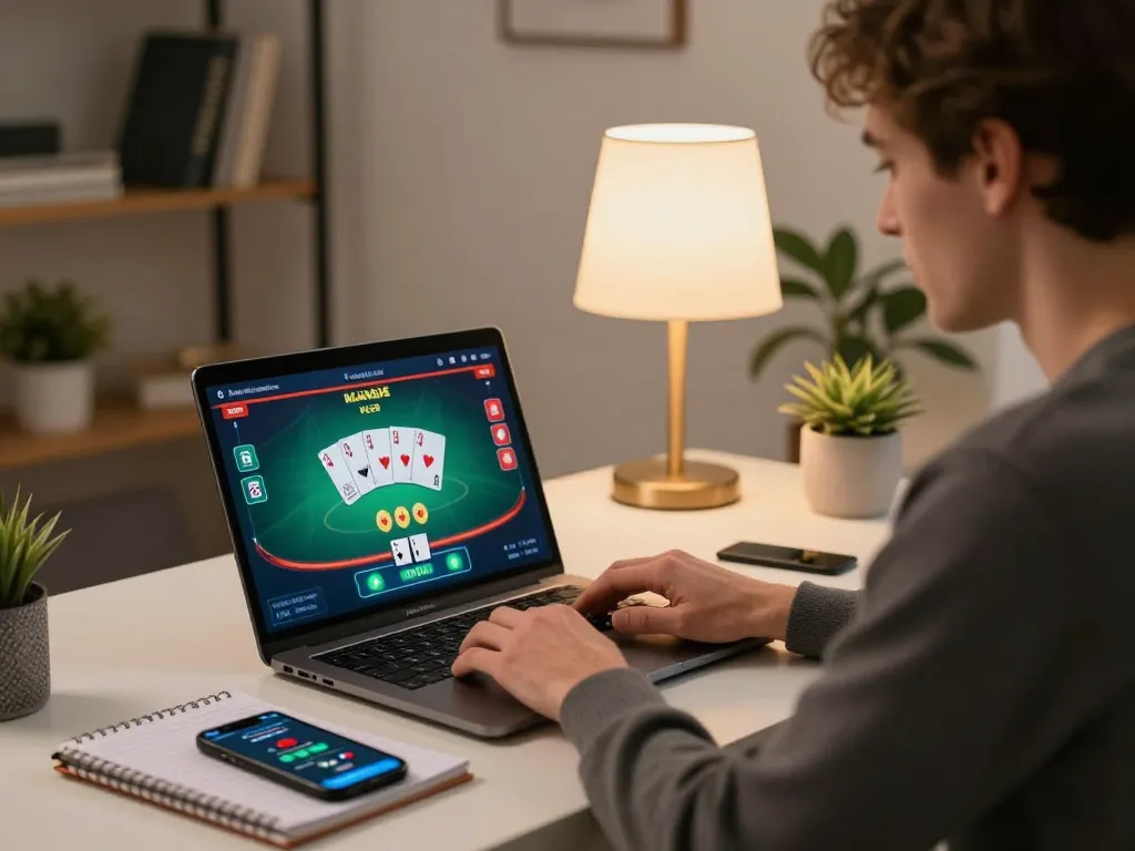 Player engaged in a live poker game on fabet's platform, showcasing strategic gameplay in a stylish home setup.