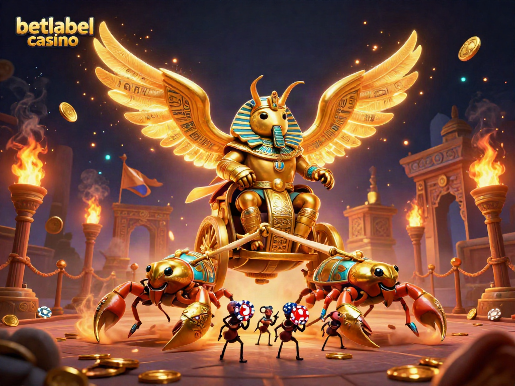 Join the excitement at betlabel casino with a vibrant scene of a golden scarab and scorpions amidst betting tokens.