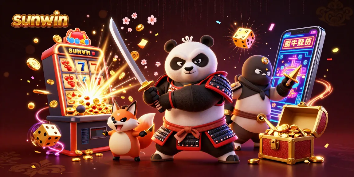 sunwin slot machine explosion with samurai panda, ninja fox, and magical spirit