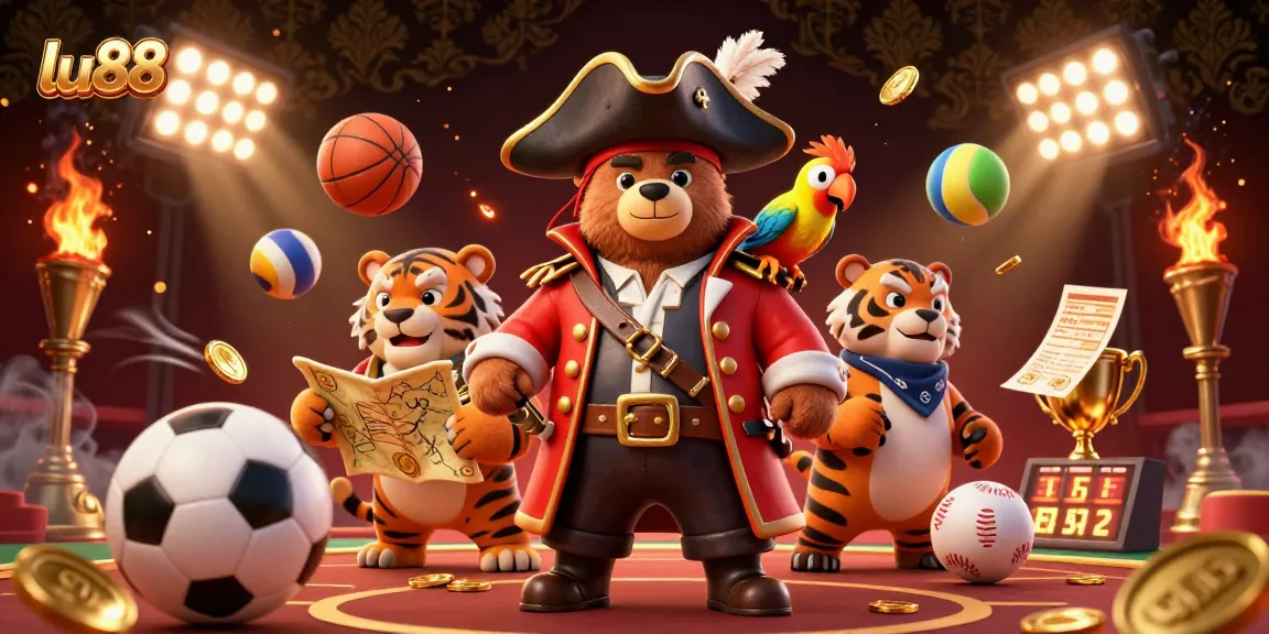 Experience thrilling sports betting with lu88 in this vibrant 3D casino scene featuring a pirate and tiger.