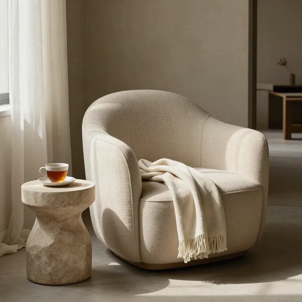 Angolo privato con poltrona, tavolino in pietra, coperta e tazza di tè in luce soffusa.