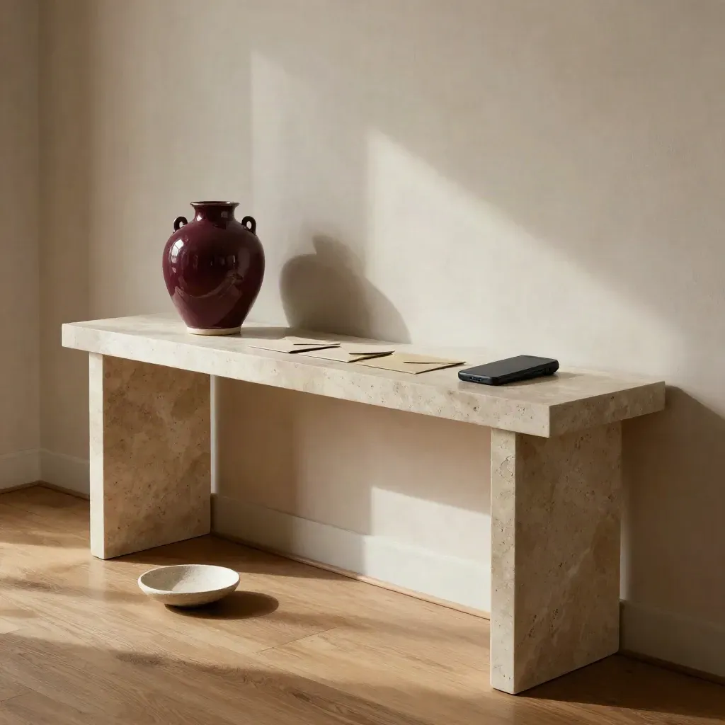 Ingresso elegante con console in travertino, telefono spento, vaso bordeaux e tre buste rovesciate.