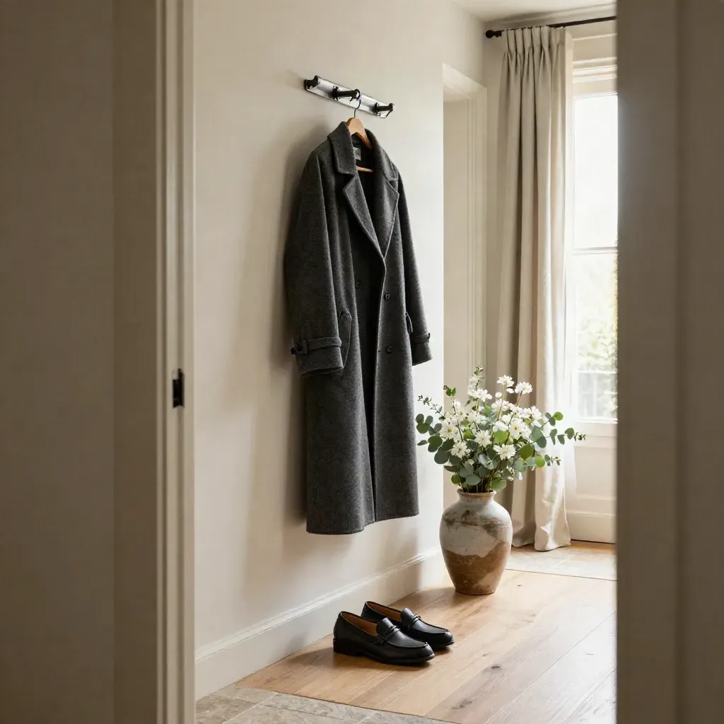 Corridoio domestico con cappotto, scarpe e porta aperta sulla luce, atmosfera di ripartenza.