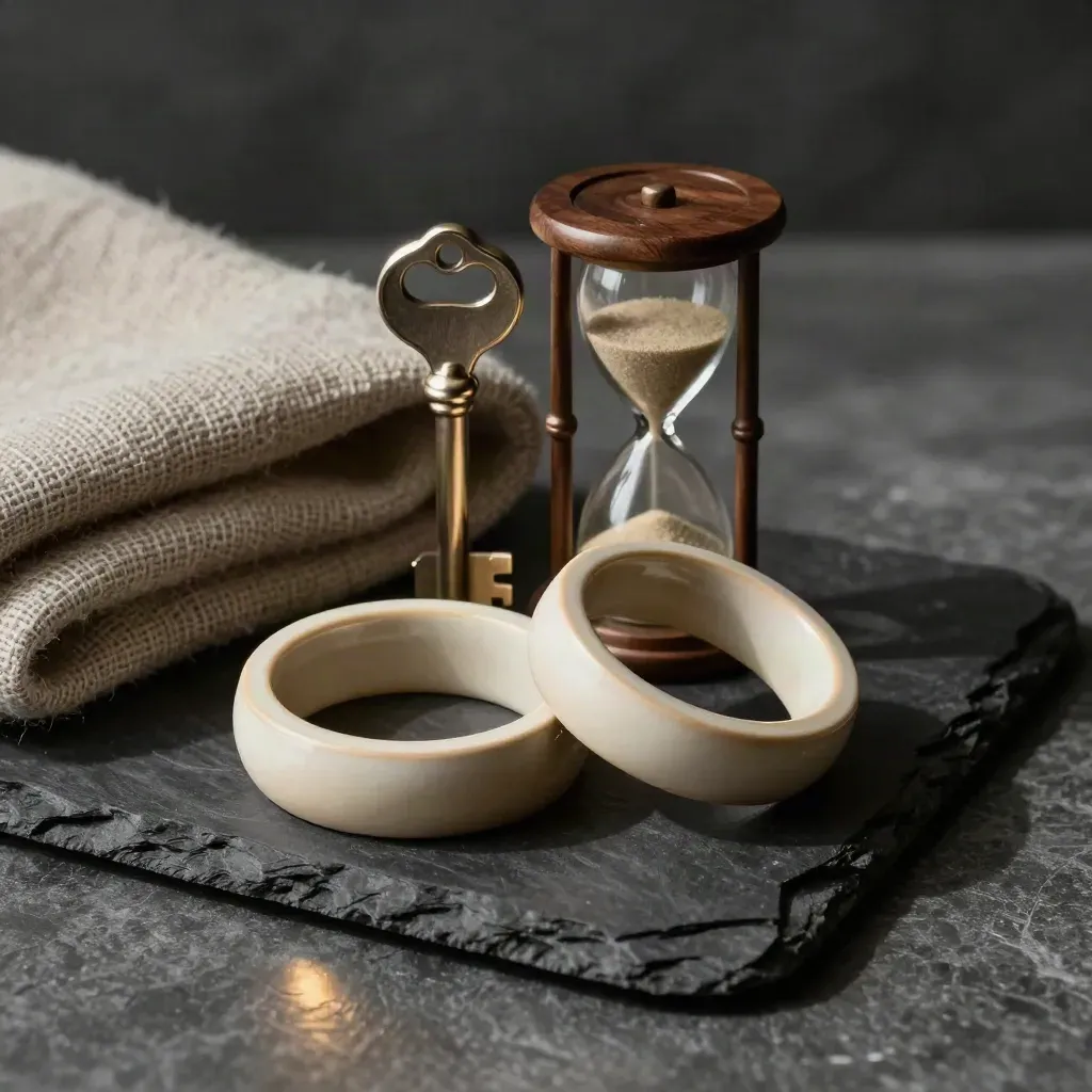 Anelli ceramici intrecciati, clessidra e coperta in lana su pietra scura, luce drammatica.