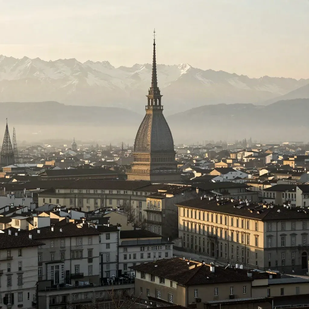 Torino all’alba con la corona alpina e i tetti scuri immersi nella bruma.