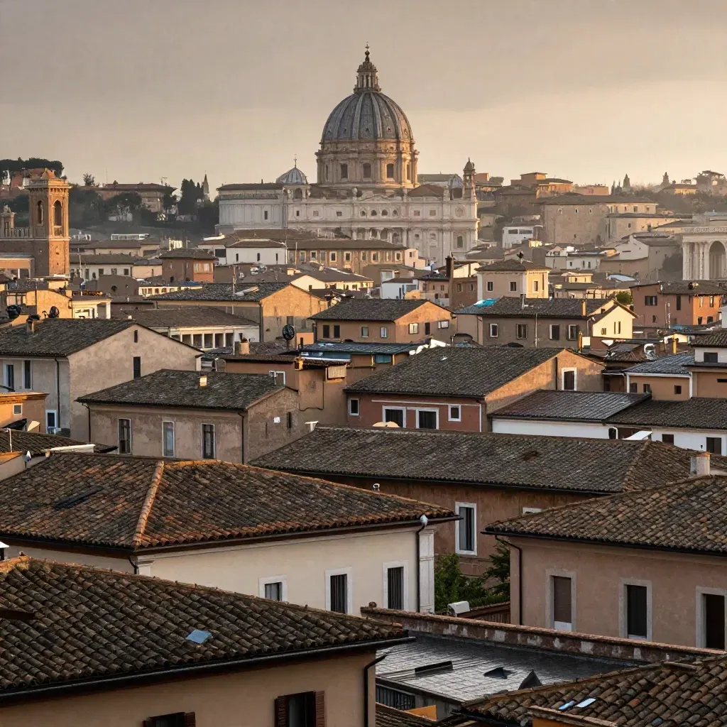 Veduta alta di Roma con cupola distante e tetti in laterizio nella foschia dopo la pioggia.