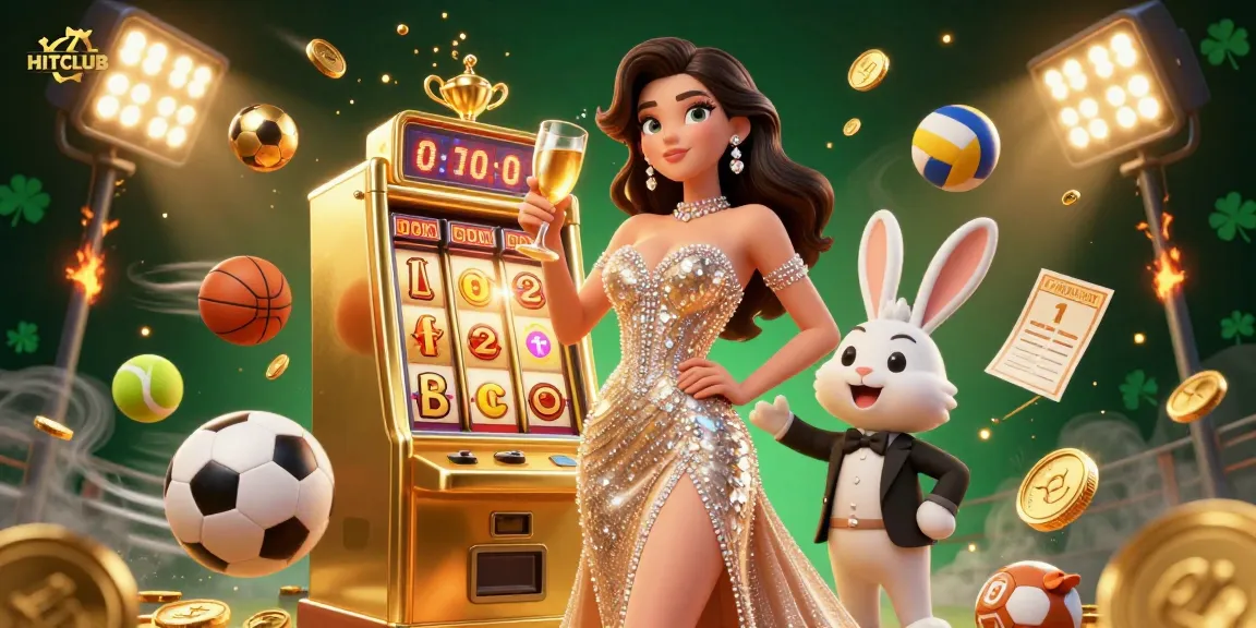 Engage with HITCLUB's dazzling 3D scene showcasing a lavish woman celebrating amidst golden jackpot elements and dynamic sports balls.