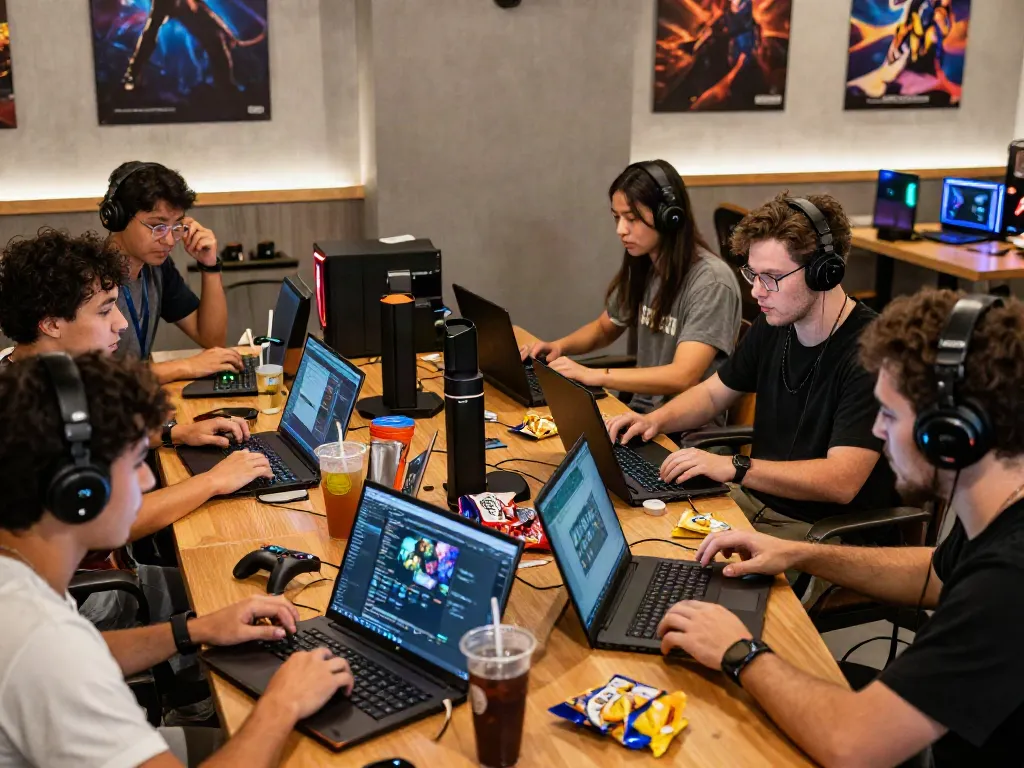Gamers discussing trends in the gaming industry at ROKOK88 platform.