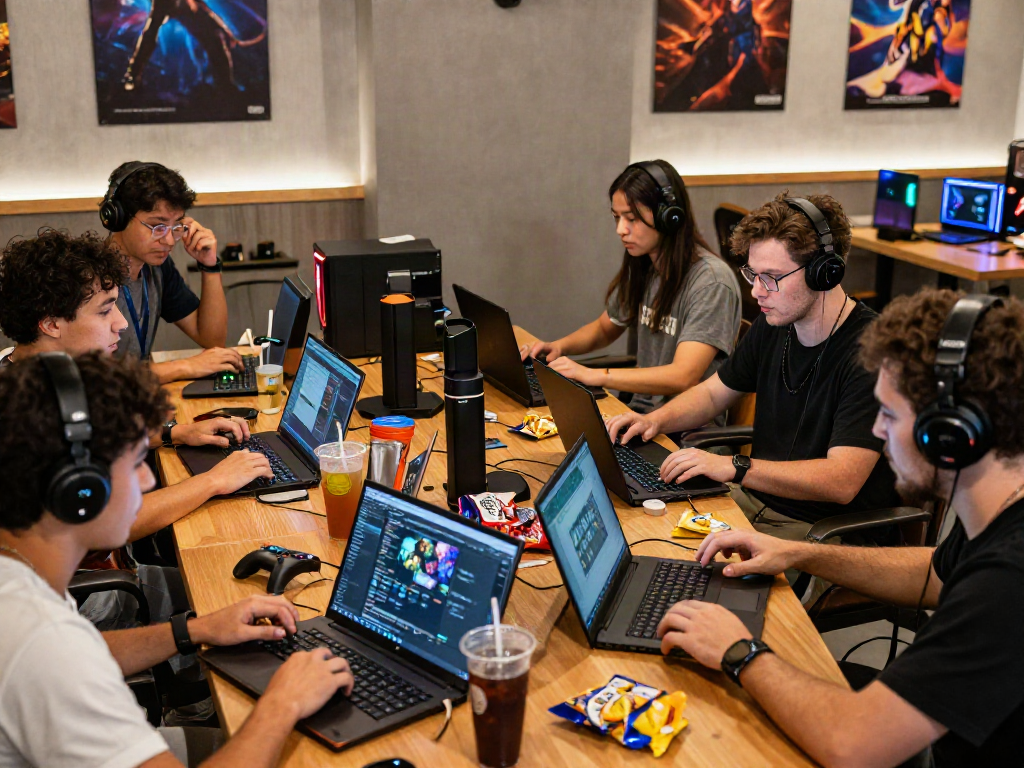 Gamers discussing trends in the gaming industry at ROKOK88 platform.