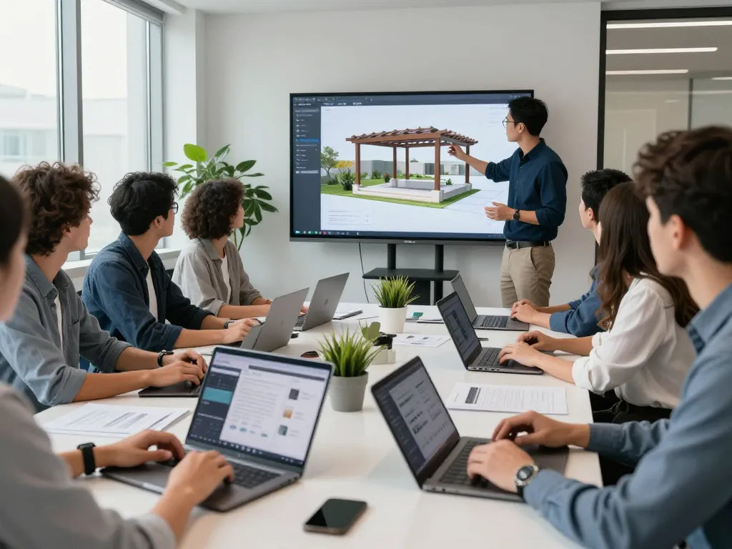 Team che collabora su software innovativo per pergole per aziende in un ambiente ufficio moderno.
