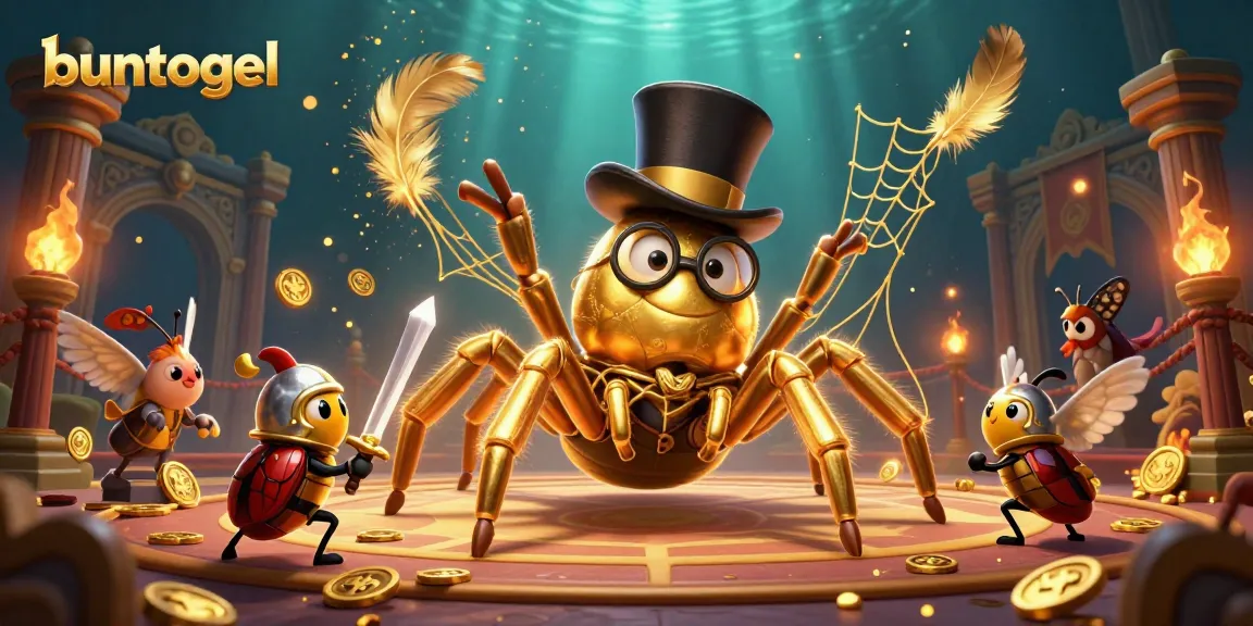 Join the fun with buntogel in this vibrant casino scene featuring a golden tarantula and beetle knight!