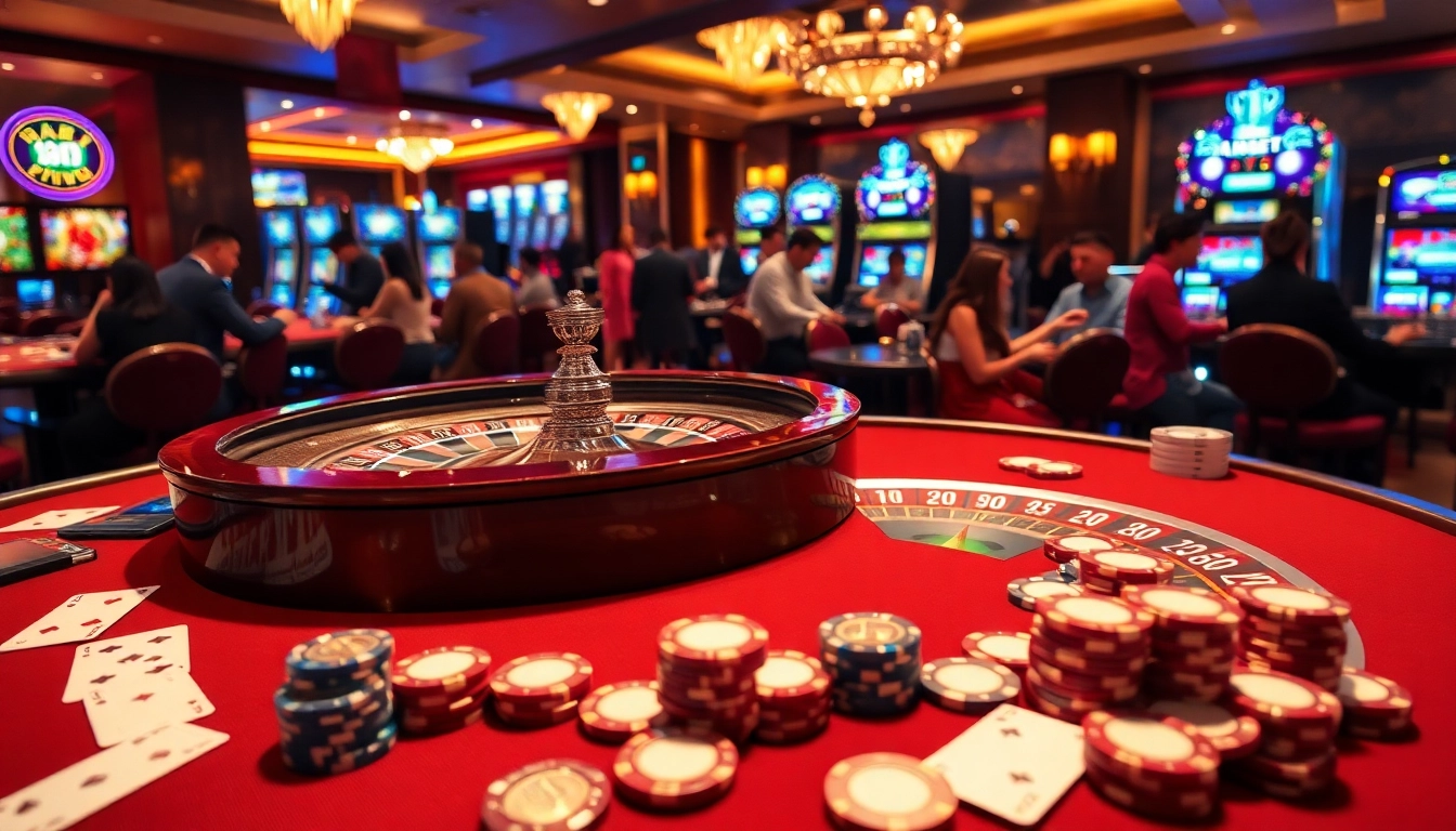 Experience luxury gaming at LC88 with vibrant casino tables and excited players.