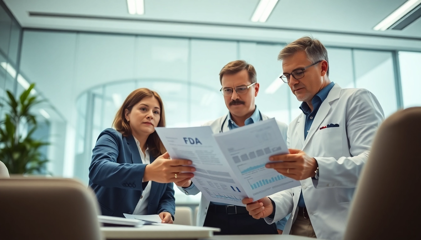 Analisi della documentazione FDA USA da parte di funzionari in ufficio moderno.