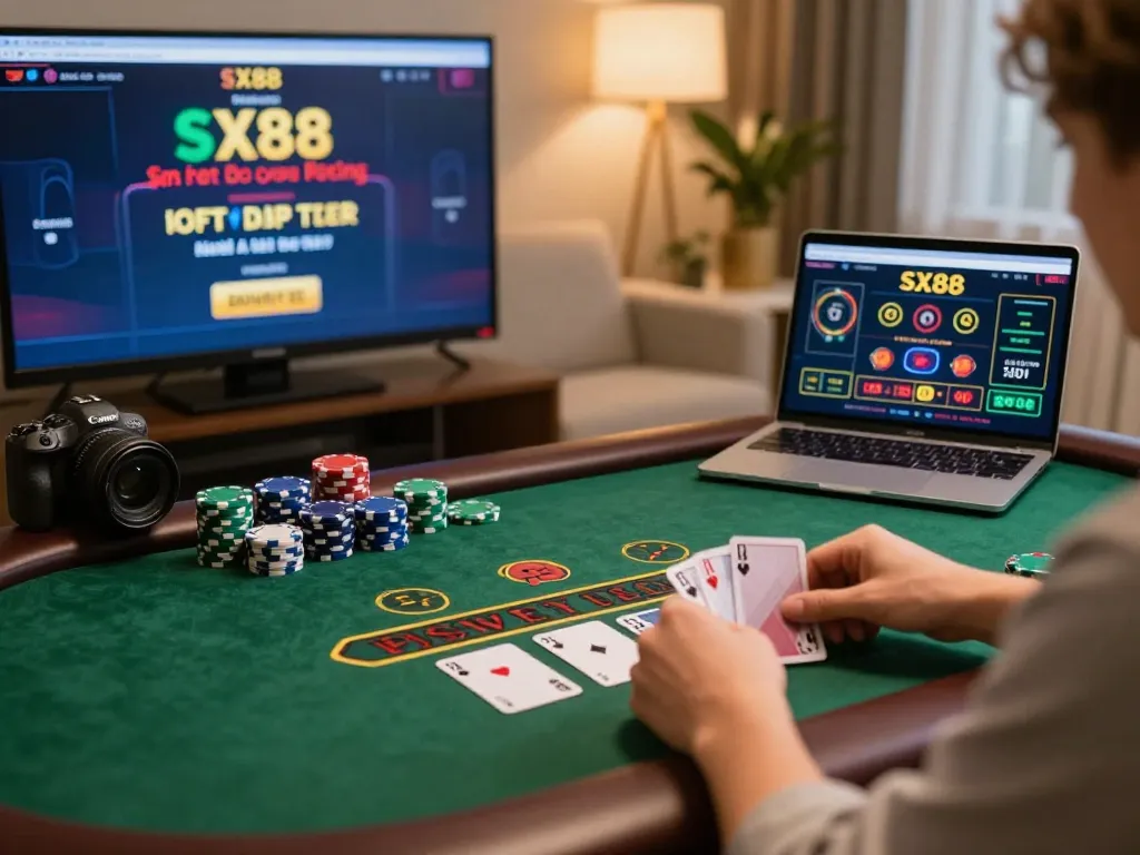 SX88 player enjoying live dealer blackjack in a cozy home setting.