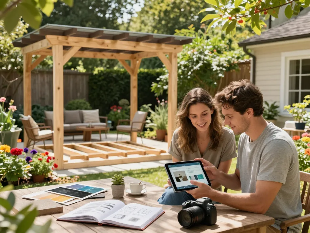 Couple using a pergola configurator on a digital tablet to design their backyard pergola.
