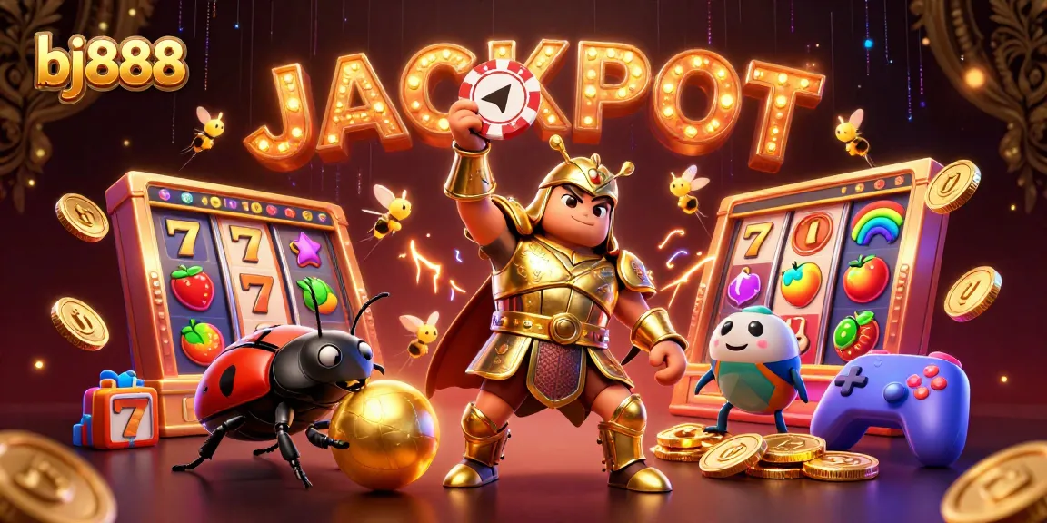 Engaging scene of bj888 featuring a victorious beetle lifting a poker chip amid dynamic casino elements.
