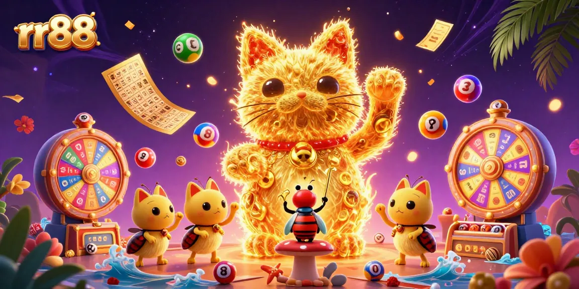 Join the excitement at rr88 with the magical lucky cat and vibrant casino symbols raining down.