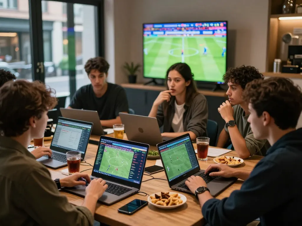 Friends analyzing 1gom betting odds and stats in vibrant urban setting