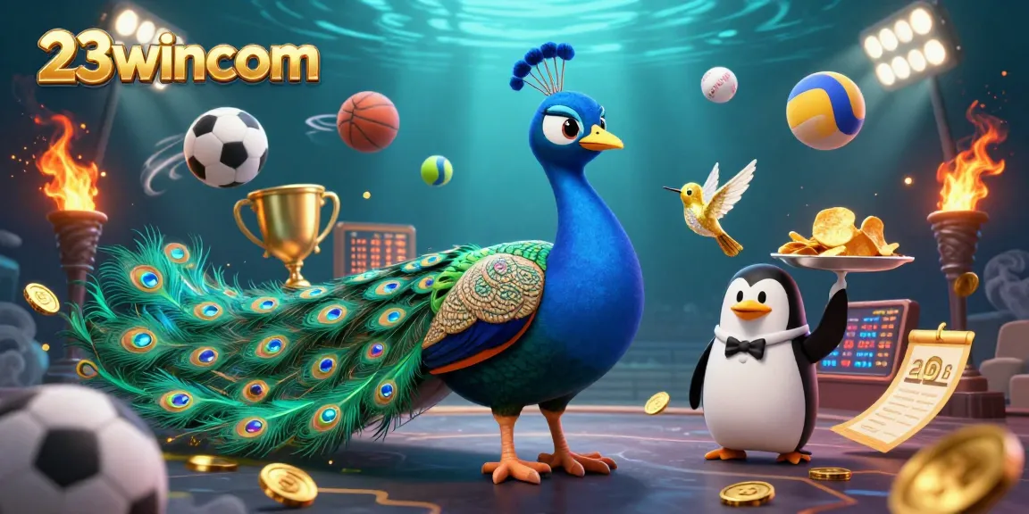Engage with 23wincom's vibrant casino scene featuring dynamic characters and sports elements.