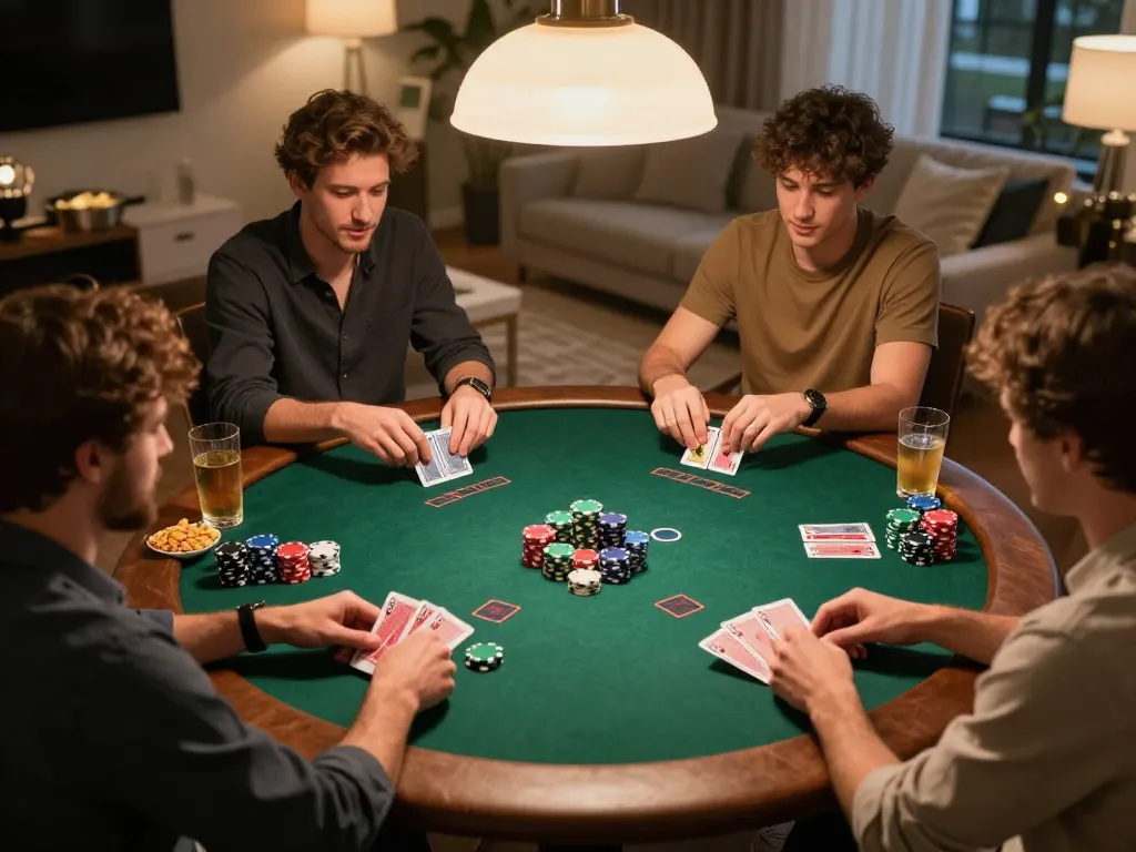 Friends strategically playing poker around a table during a home game night with 33win vibes and colorful chips.