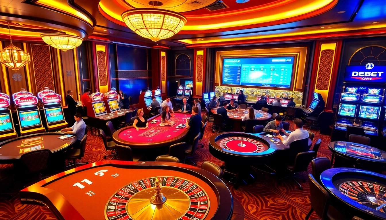 Engaging casino scene showcasing DEBET betting excitement with poker tables and roulette wheels.
