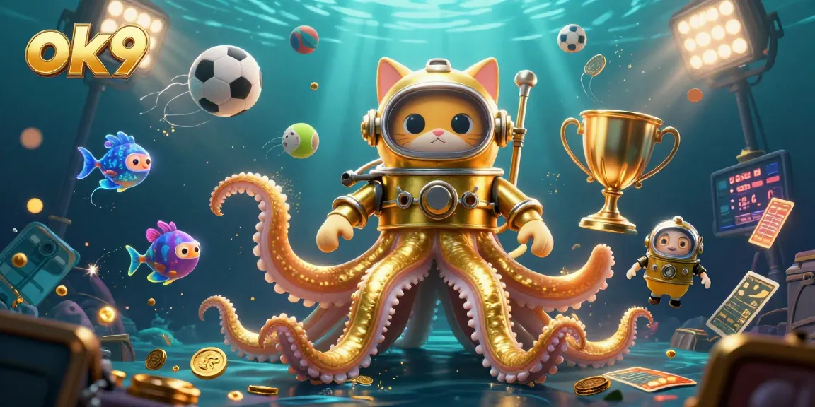 Experience thrilling bets at ok9 with a kraken and diving cat amidst dynamic sports elements.