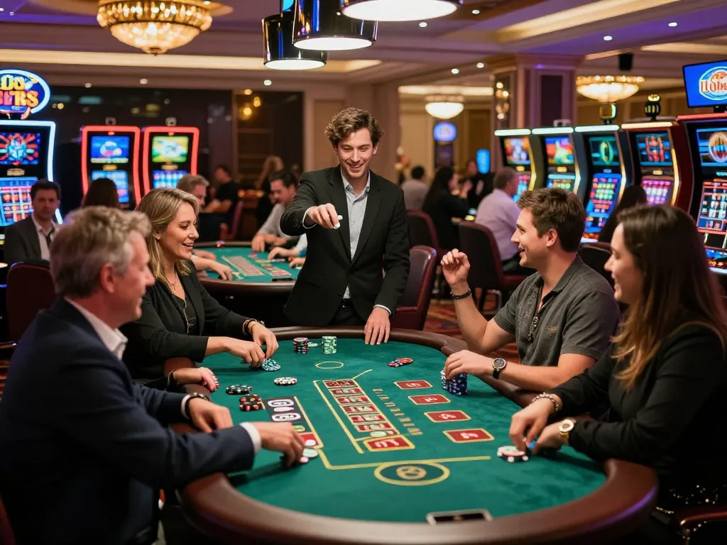 Experience the thrill of lode88s with players engaged at vibrant blackjack and roulette tables in a lively casino floor.