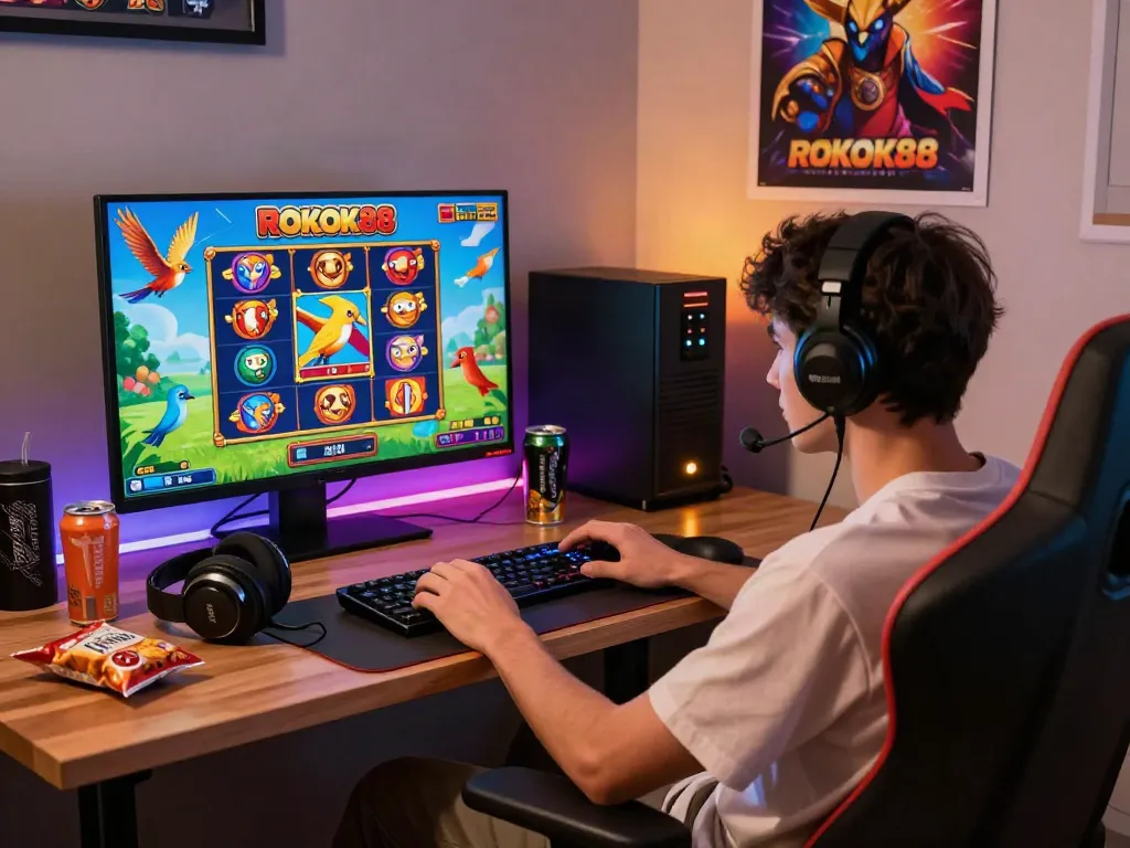 Player enjoying ROKOK88 slot game on mobile device, showcasing vibrant graphics and immersive gaming experience.
