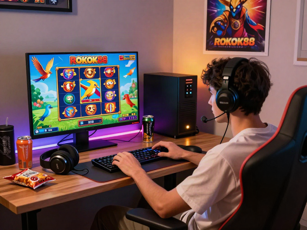 Player enjoying ROKOK88 slot game on mobile device, showcasing vibrant graphics and immersive gaming experience.