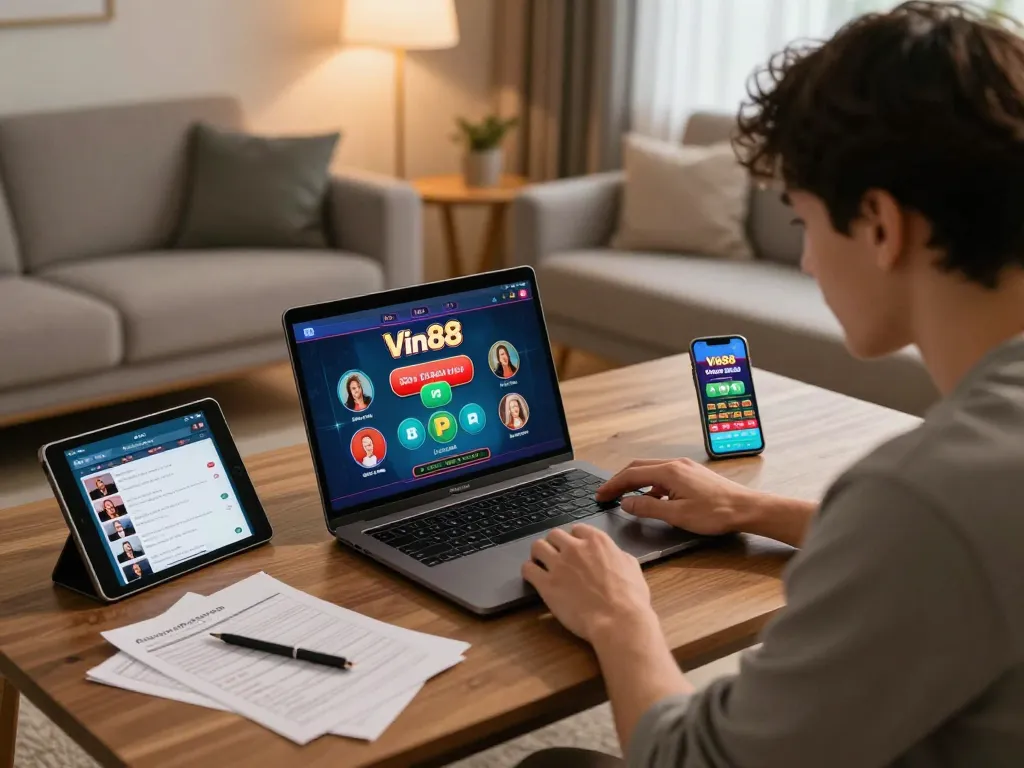 Engaged user placing a bet on Vin88 online casino app in a cozy home setting.