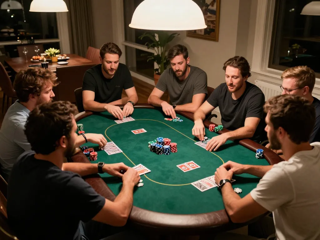Players enjoying poker night at home, showcasing action and camaraderie in a cozy setting at https://hitclub.im/