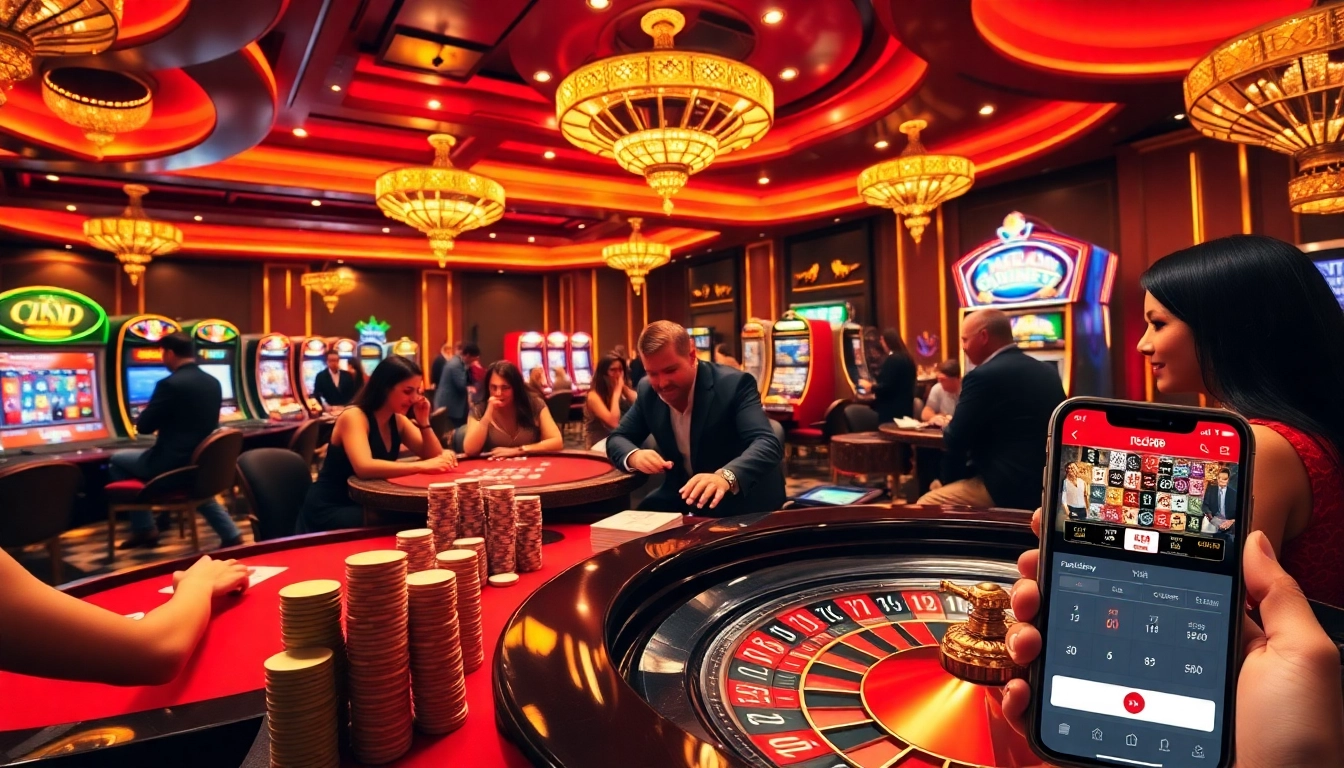 Experience the excitement of gambling with RED88 in this vibrant casino scene featuring players at tables.