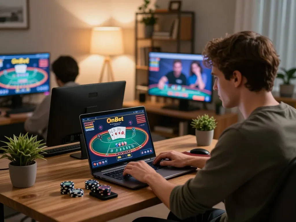 Gamer using OnBet platform to place bets, showcasing vibrant and engaging home casino atmosphere.