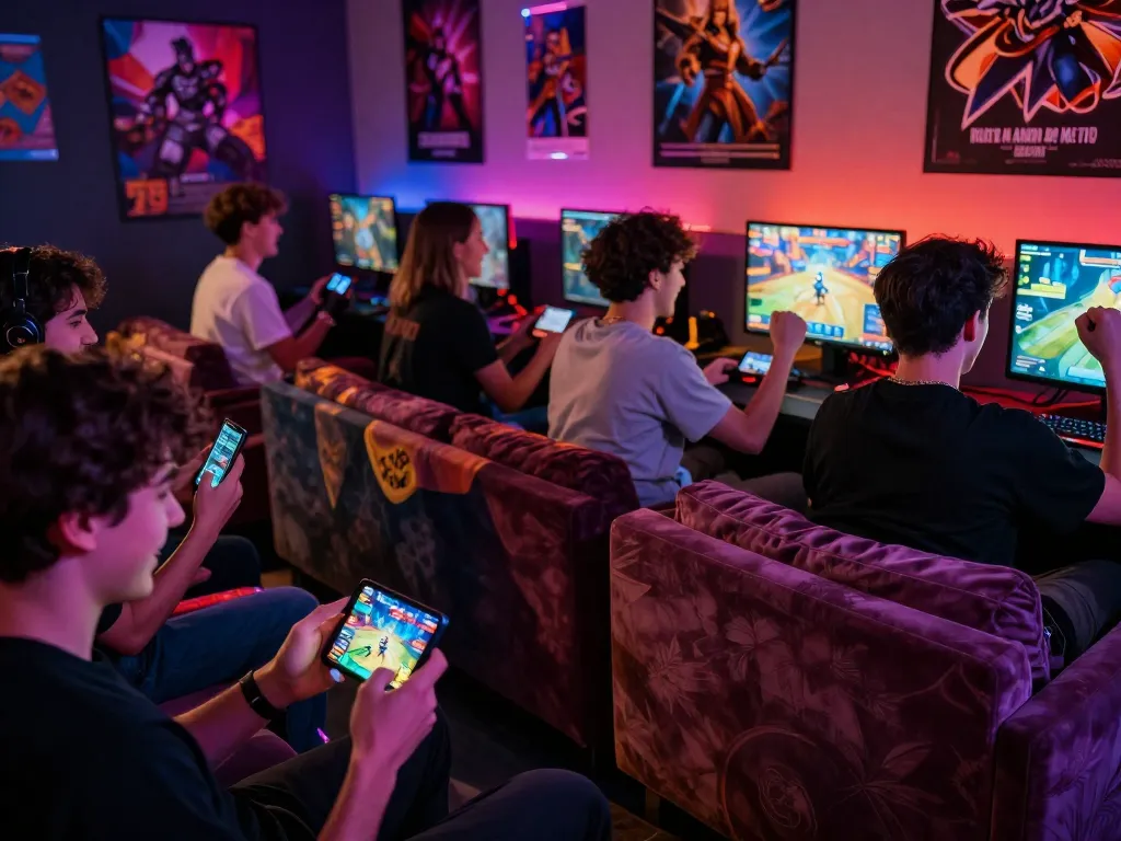 Diverse group of friends enjoying the 789 club gaming experience in a lively lounge.
