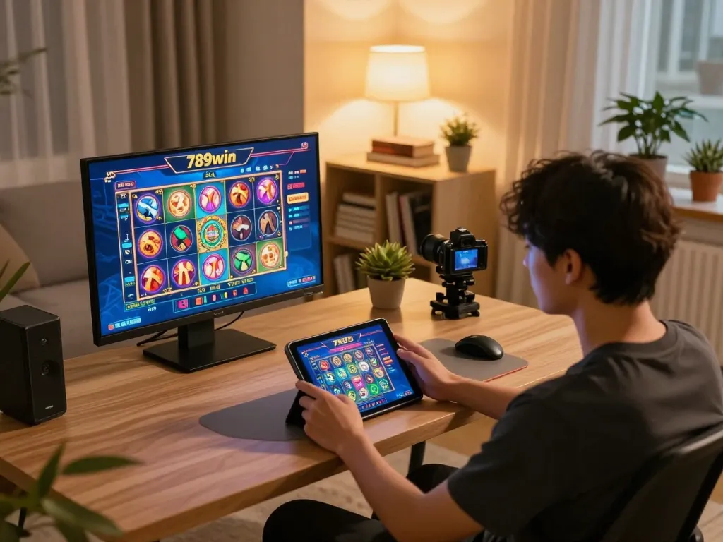 Engaged player using 789win app on tablet, showcasing a vibrant online gambling experience.