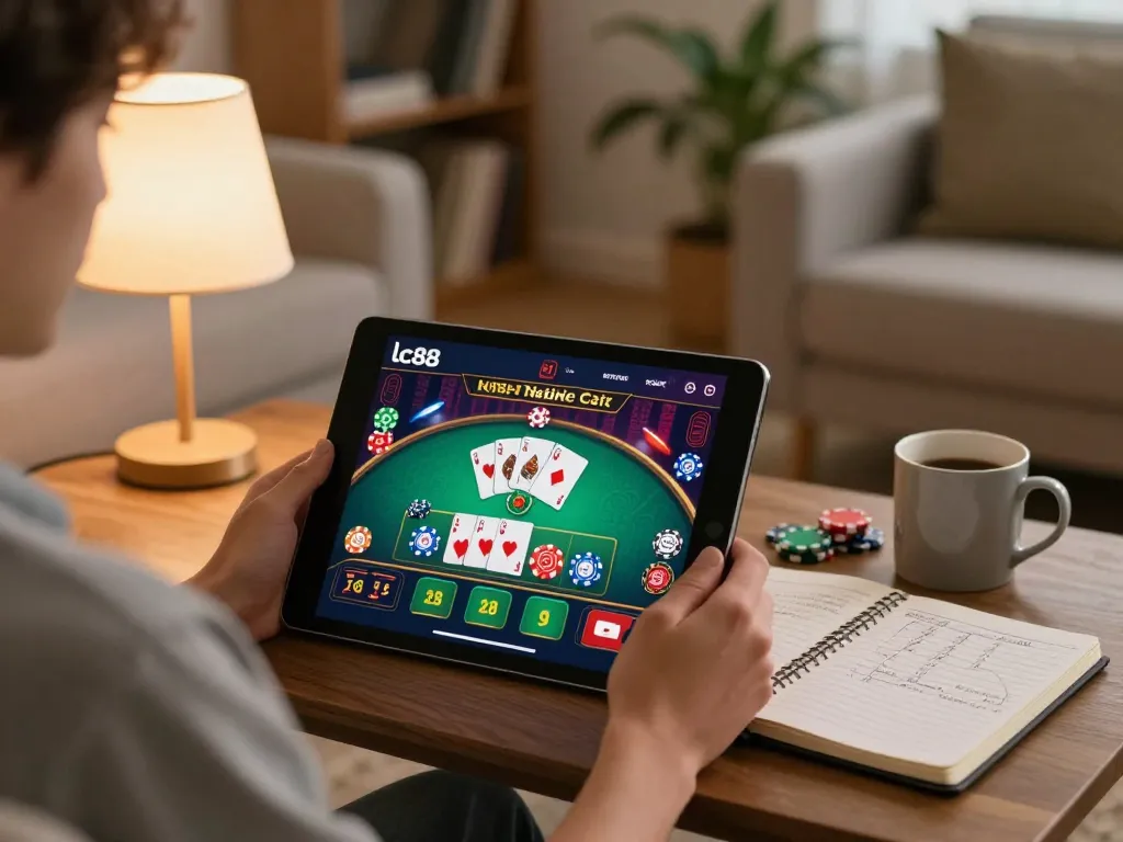 Playing lc88 online casino on a tablet while enjoying a cozy home setting with strategic notes