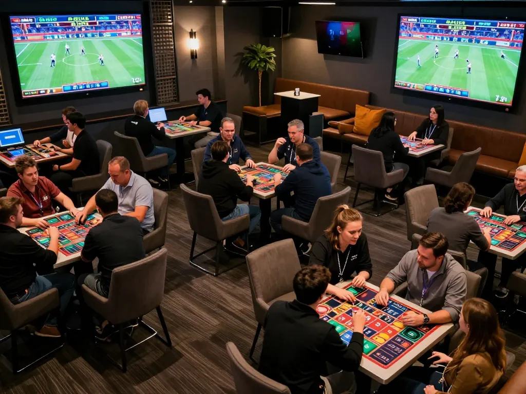 88vv lừa dảo bettors excitedly placing bets in a lively sports betting lounge