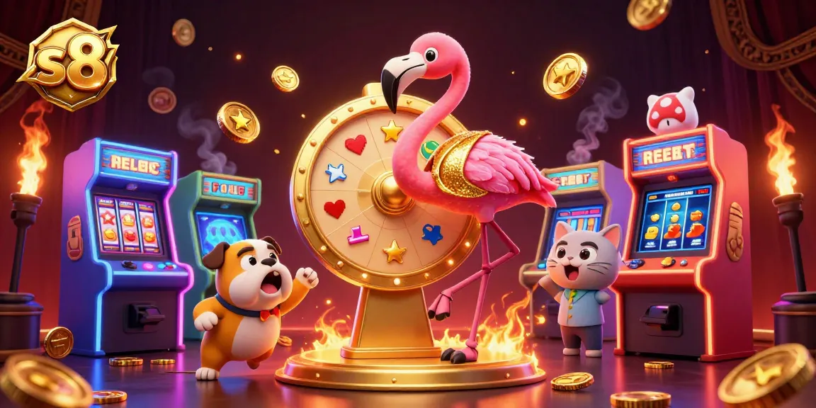 S8 offers thrilling jackpot opportunities in an exciting casino gaming scene with vibrant characters.
