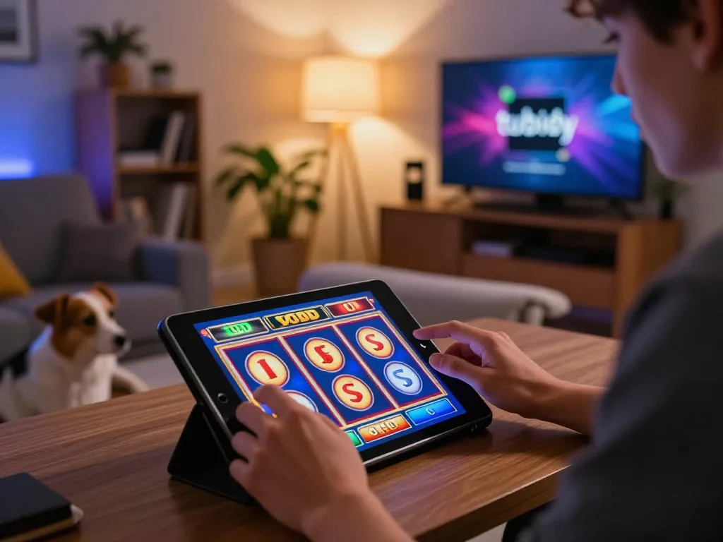 Engaging in slots with tubidy music streaming in a warm home atmosphere.