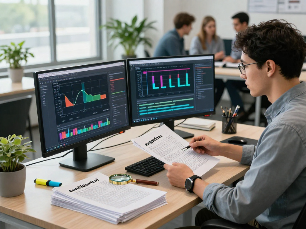 Detailed workspace for document fraud detection featuring an analyst reviewing suspicious documents with high-tech tools.