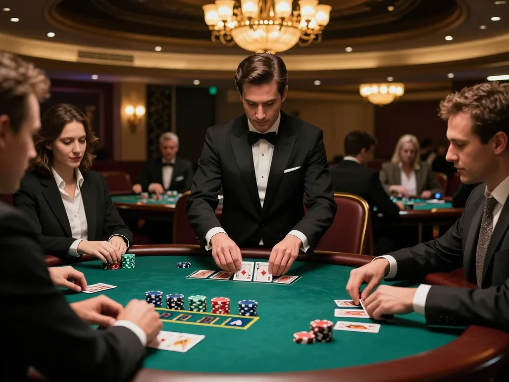 UU88 blackjack table with dealer shuffling cards, players engaged in high-stakes action.