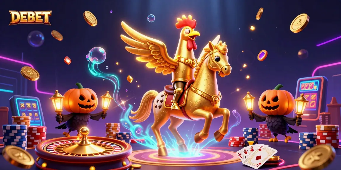 Experience DEBET's thrilling adventure with a golden rooster in a lively casino bustling with action.