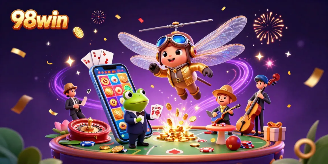 Engage in thrilling gaming at 98win, featuring colorful slot games and a lively scene of characters at a casino.
