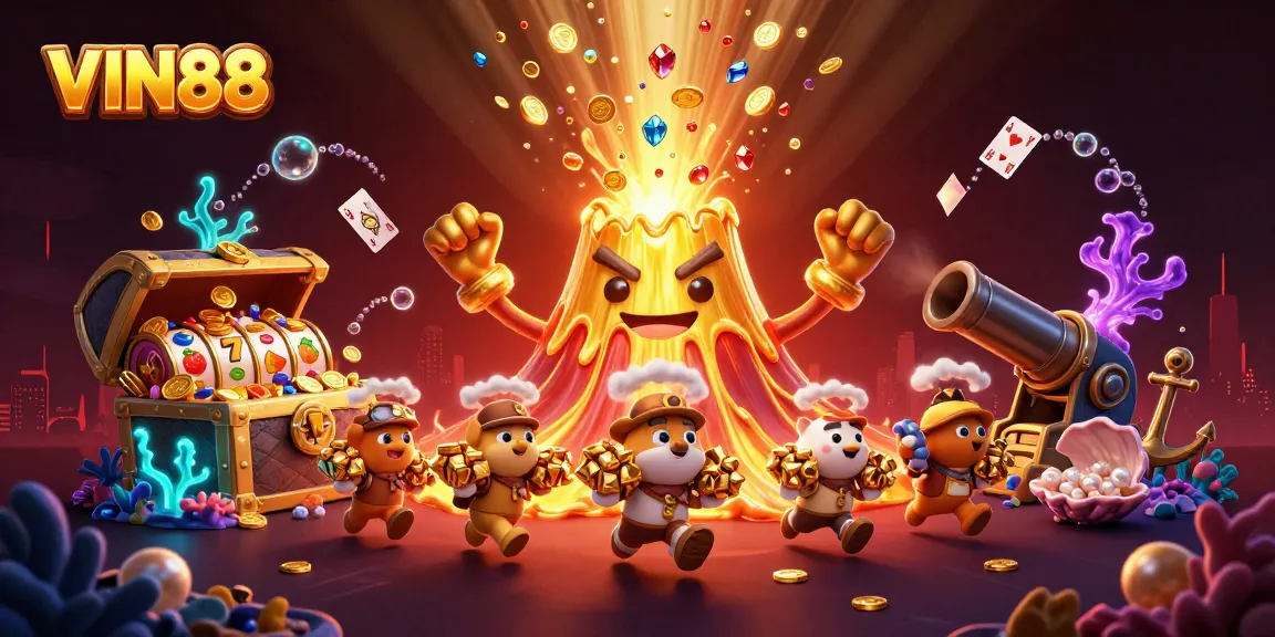 Experience VIN88's thrilling online slots with a golden volcano and treasure-themed 3D art.