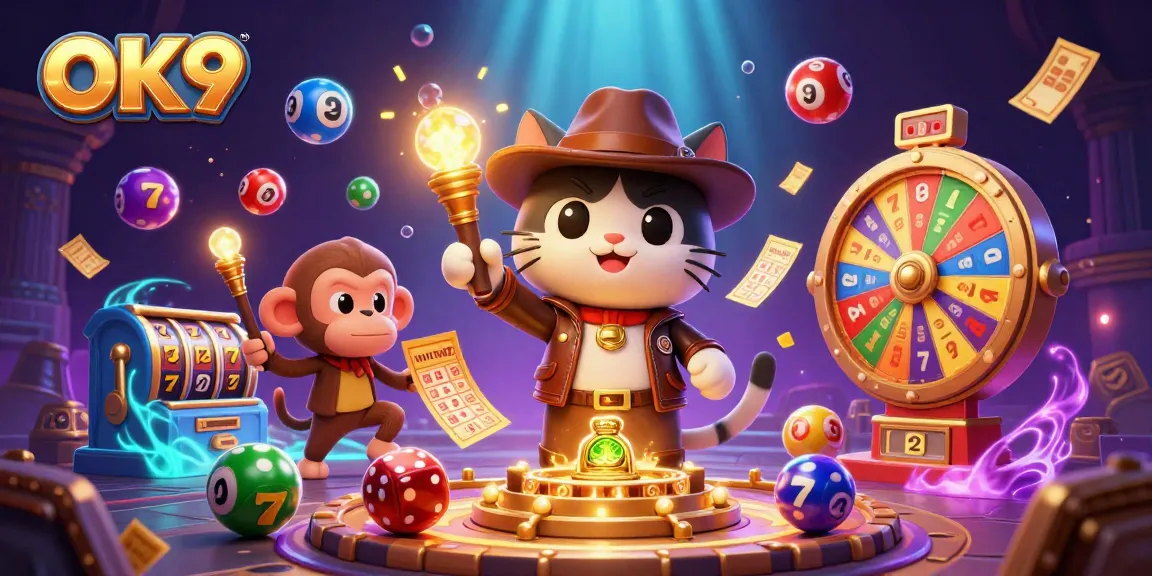 Engage with OK9 as a cat archaeologist uncovers golden artifacts amidst vibrant casino elements in a thrilling 3D scene.