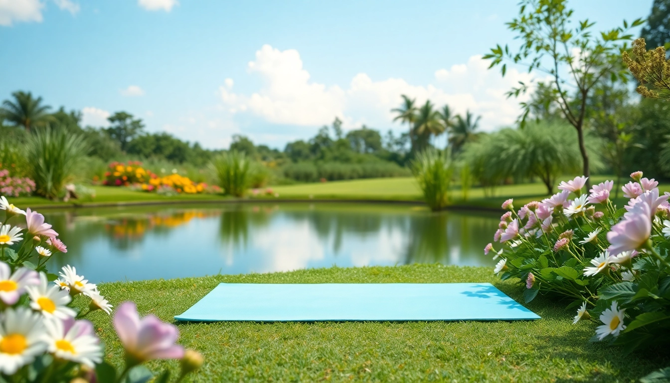 Embracing mental wellness through yoga in a serene garden with vibrant flowers and calming water.