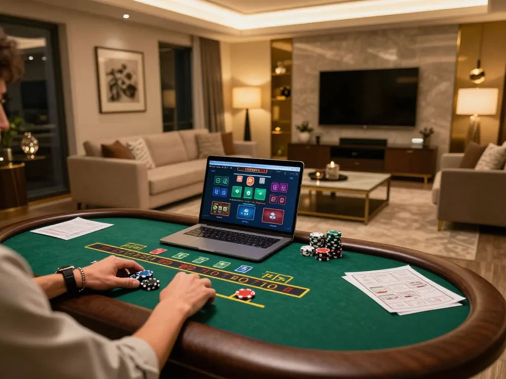 Engaging in live dealer blackjack at trang chủ 88XX, showcasing a modern online gambling experience in a cozy home setup