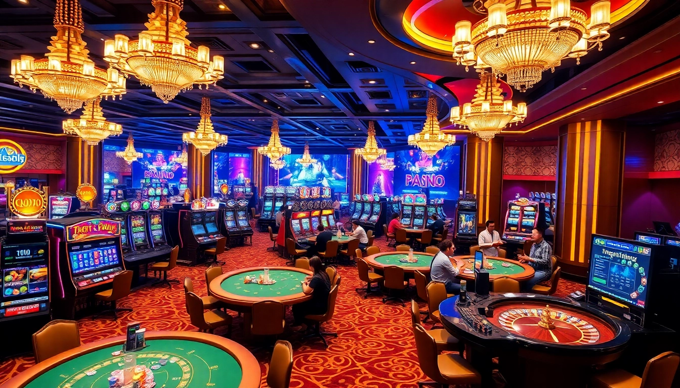 Players engaging in exciting casino games at KM88, showcasing vibrant slot machines and roulette tables.