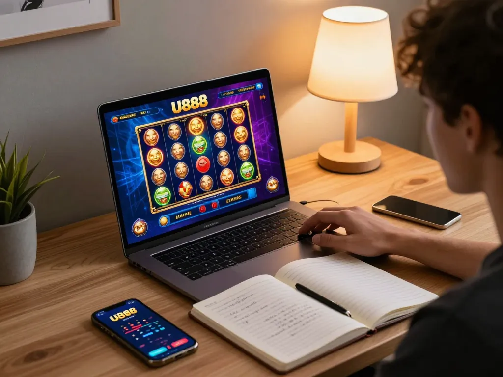 Player engaging with U888 online casino slots in a cozy home setting, showcasing strategic betting.