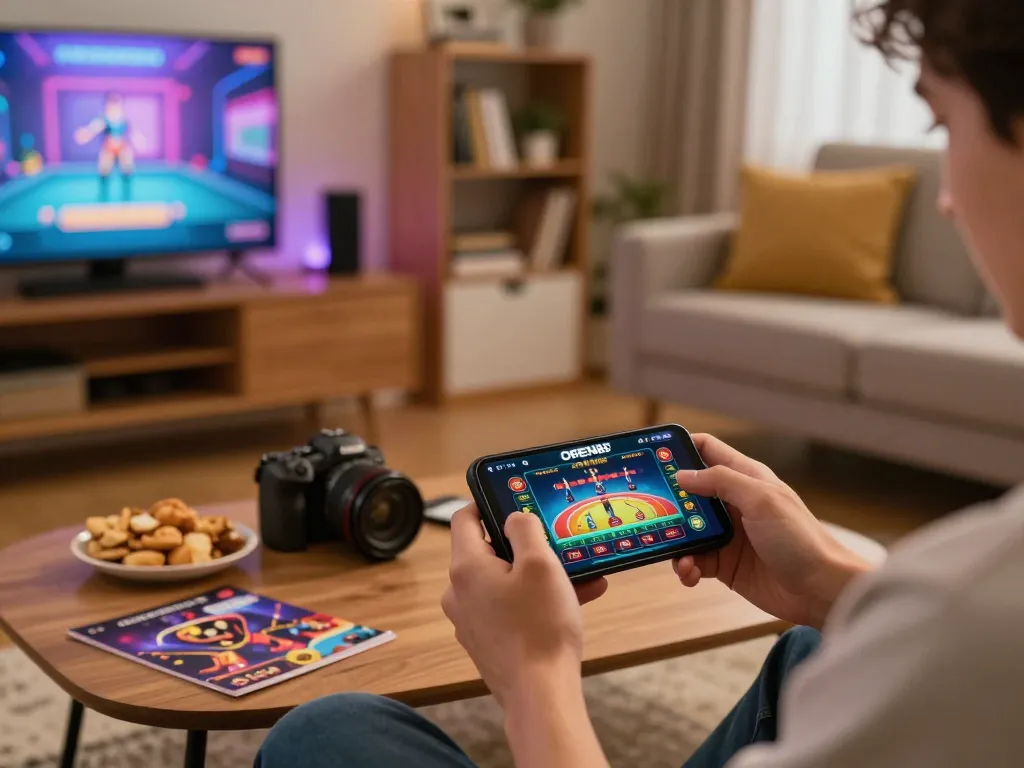 Explore gaming strategies while playing OPEN88 on a mobile app in a cozy home setting.